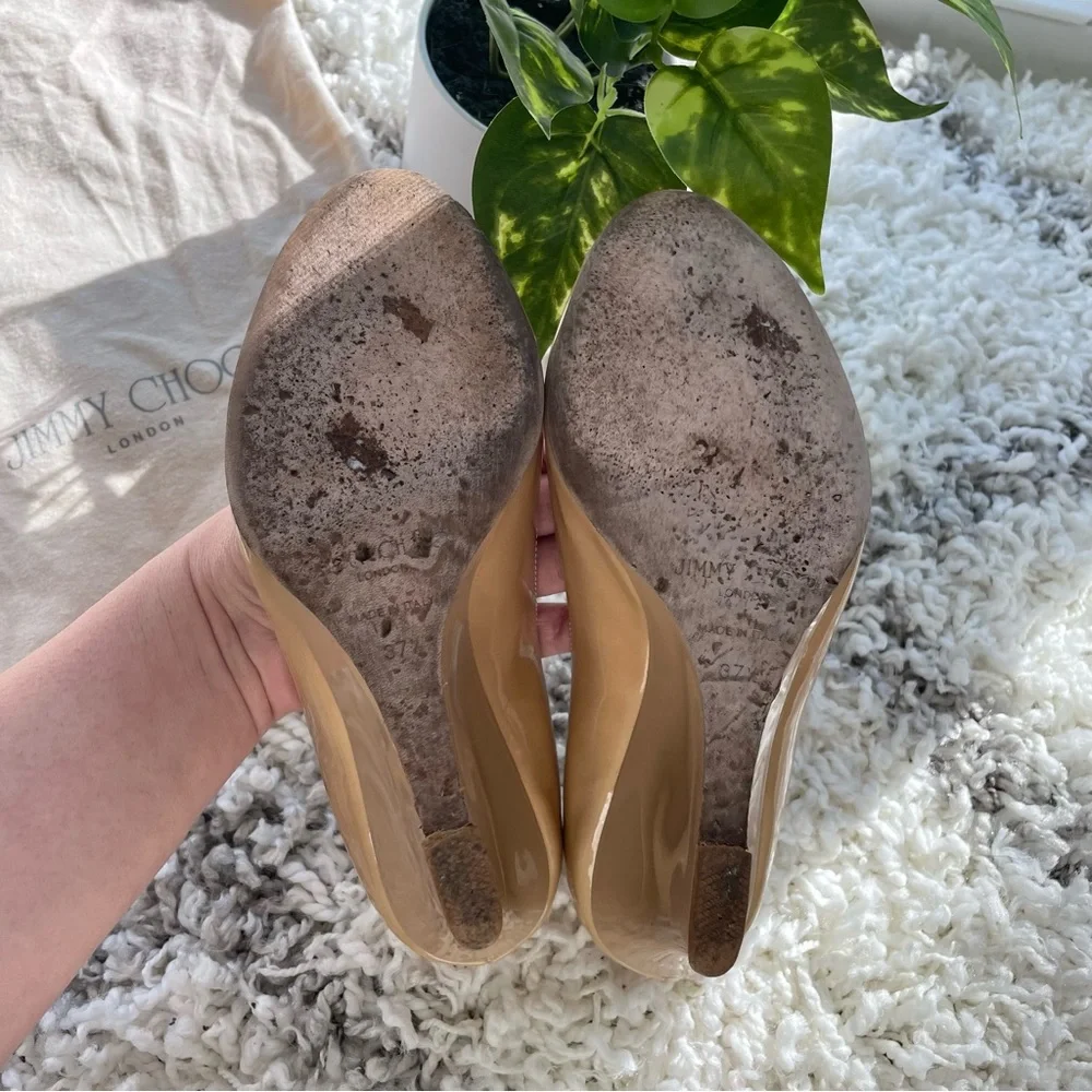 Jimmy Choo Beige Patent Leather Peep-Toe Wedge